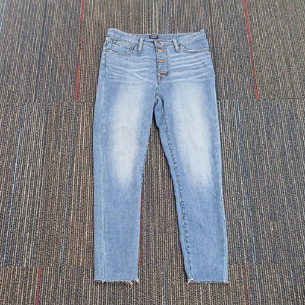 J. Crew High Rise Button Skinny Jeans Frayed Ankles 27 - Picture 2 of 7
